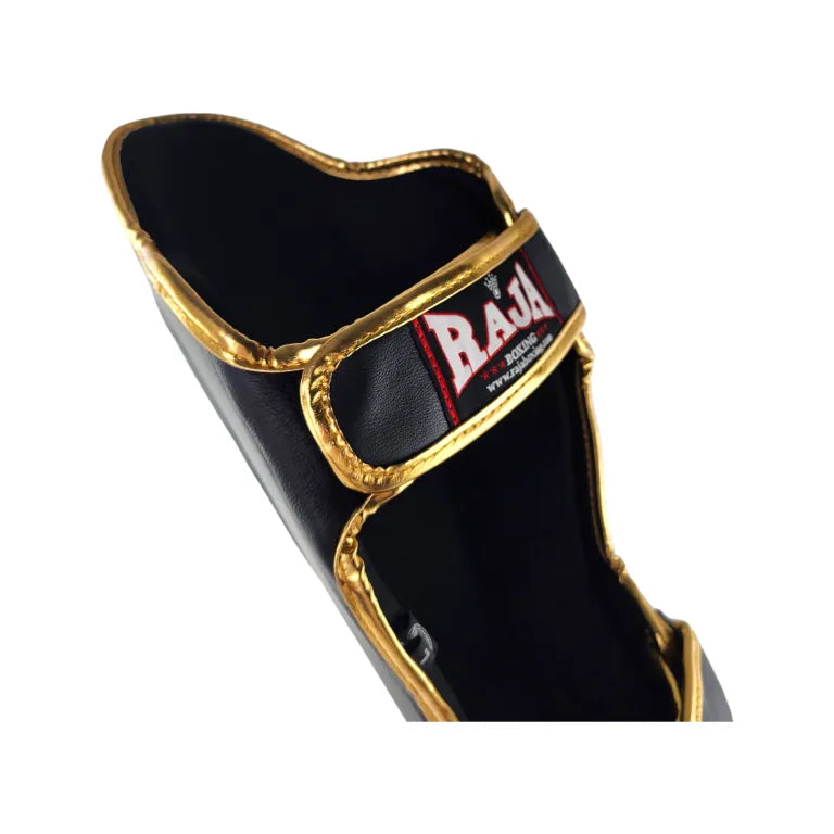 Raja Boxing LS2 Lightweight Shin Guards in black, rear view with straps
