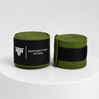 MTM 4.5M Hand Wraps in Khaki Green, close-up of fabric and logo