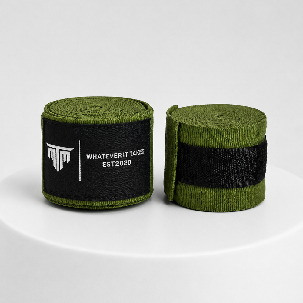 MTM 4.5M Hand Wraps in Khaki Green, close-up of fabric and logo