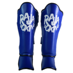 Raja Boxing Lightweight Shin Guards V4 in blue, close-up front view