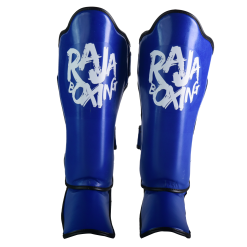 Raja Boxing Lightweight Shin Guards V4 in blue, close-up front view