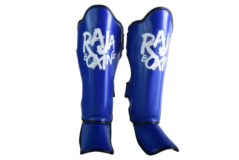 Raja Boxing Lightweight Shin Guards V4 in blue, front view