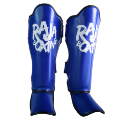 Raja Boxing Lightweight Shin Guards V4 in blue, close-up side view