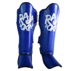 Raja Boxing Lightweight Shin Guards V4 in blue, close-up side view