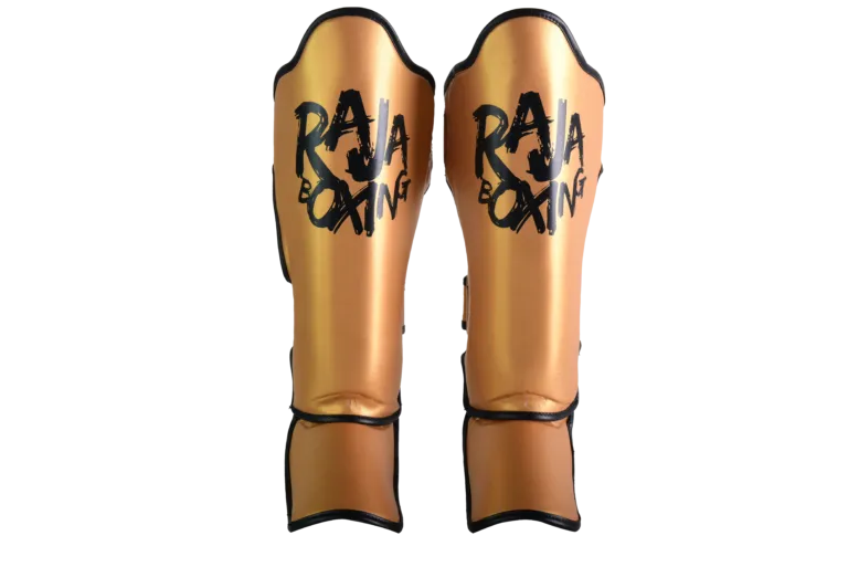 Raja Boxing Lightweight Shin Guards V4 in gold, front view