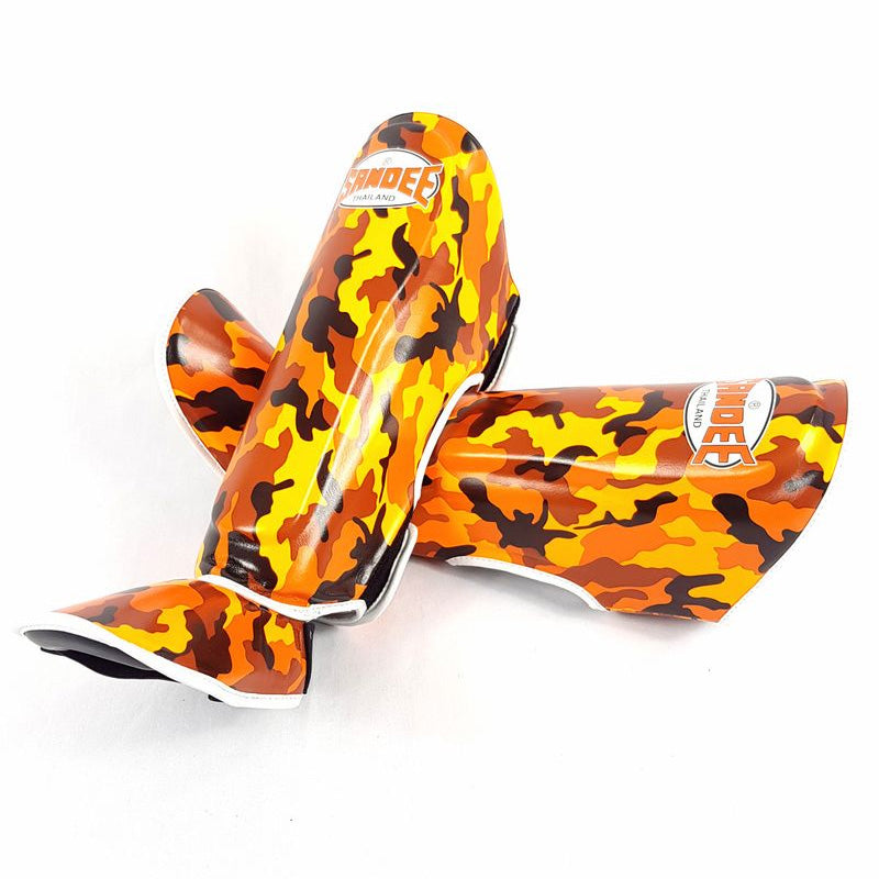 Sandee Kids Camo Boot Shinguards Orange White close up of camo pattern