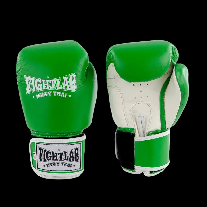 Close-up of Fightlab Classic Muay Thai Gloves showing wrist strap and branding