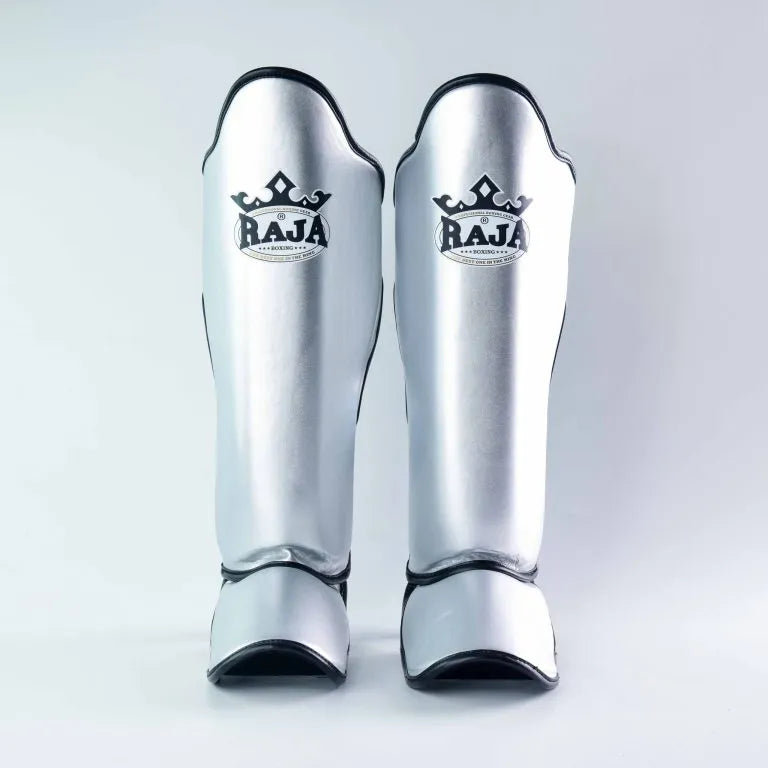 Raja Boxing Lightweight Shin Guards in silver, side view