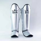 Raja Boxing Lightweight Shin Guards in silver, front view