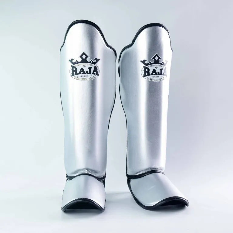 Raja Boxing Lightweight Shin Guards in silver, front view