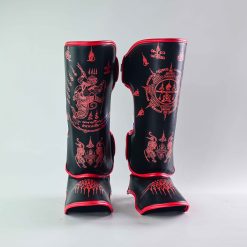 Raja Boxing SakYan Fancy Shin Guards in black, front view