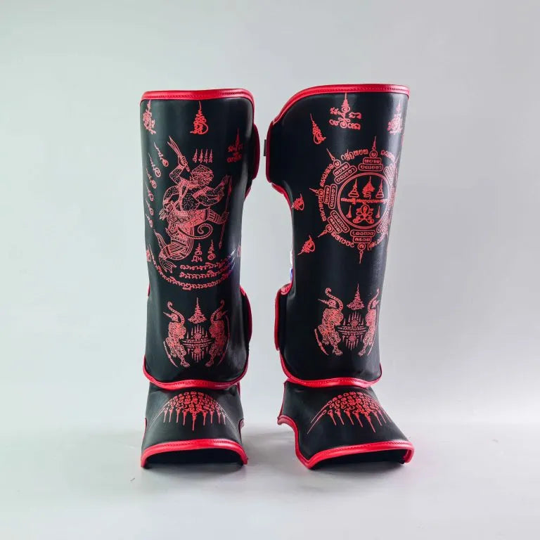 Raja Boxing SakYan Fancy Shin Guards in black, front view