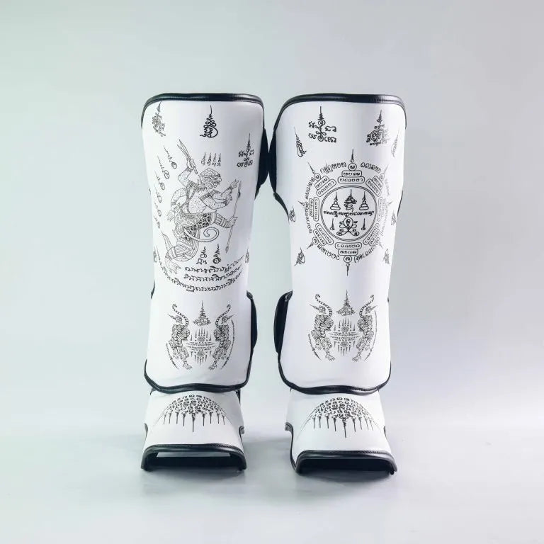 Raja Boxing SakYan Fancy Shin Guards in white, side view