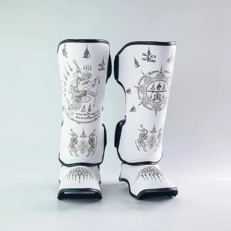 Raja Boxing SakYan Fancy Shin Guards in white, front view