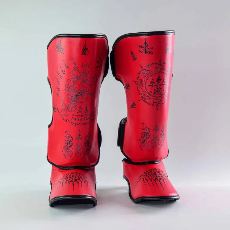 Raja Boxing SakYan Fancy Shin Guards Red front view