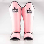 Raja Boxing Lightweight Shin Guards in Pink Pastel, close up