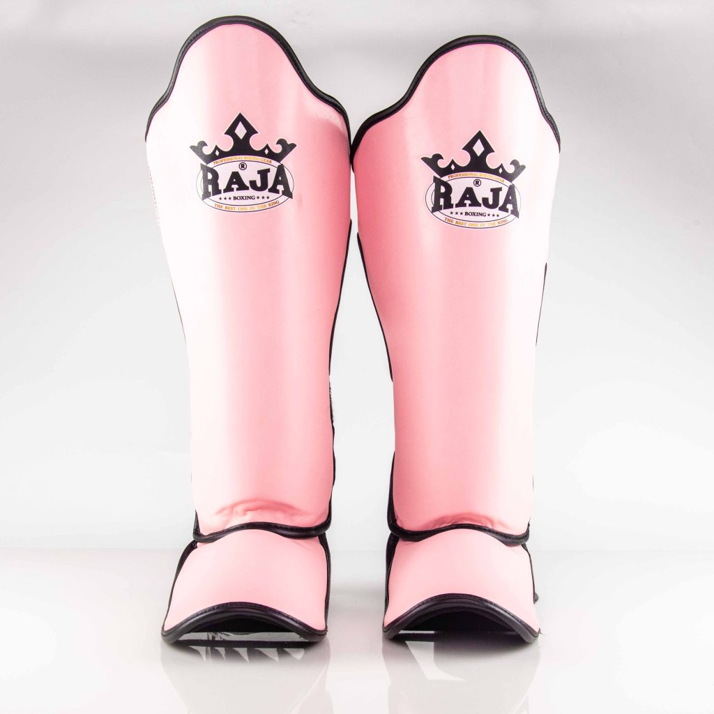 Raja Boxing Lightweight Shin Guards in Pink Pastel, close up