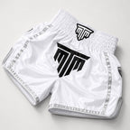 MTM Essentials Muay Thai Shorts in white, angled view
