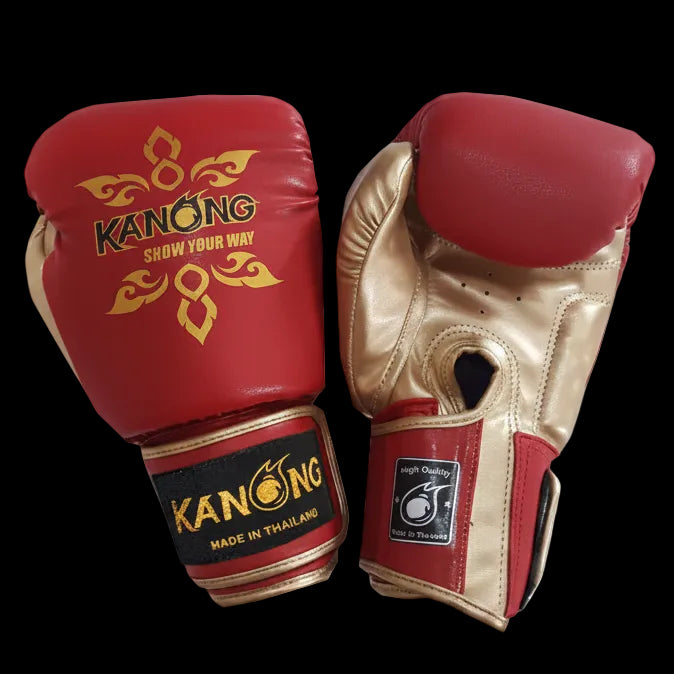 Red Kanong Thai Power boxing gloves with gold accents