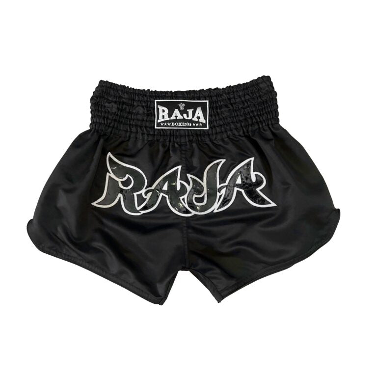 RAJA Boxing Micro Peach Muay Thai Shorts in black, front view