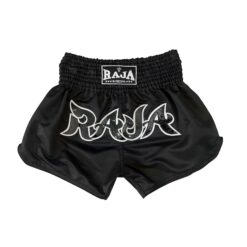 RAJA Boxing Micro Peach Muay Thai Shorts in black, close-up of logo