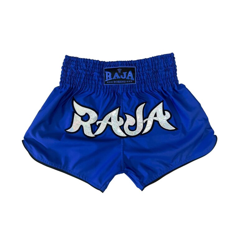Raja Boxing Muay Thai Shorts in blue, front view with logo
