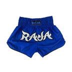 Raja Boxing Muay Thai Shorts in blue, front view with logo