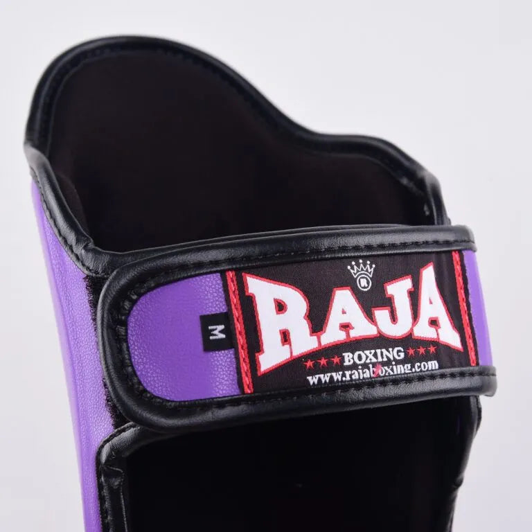 Raja Boxing Lightweight Shin Guards V4 in purple, rear view with straps