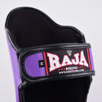 Raja Boxing Lightweight Shin Guards V4 in purple, rear view with straps