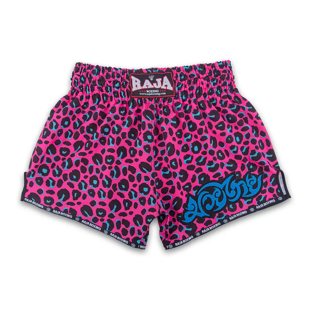 Raja Boxing Leo Pink leopard print Muay Thai shorts with blue Thai script embroidery