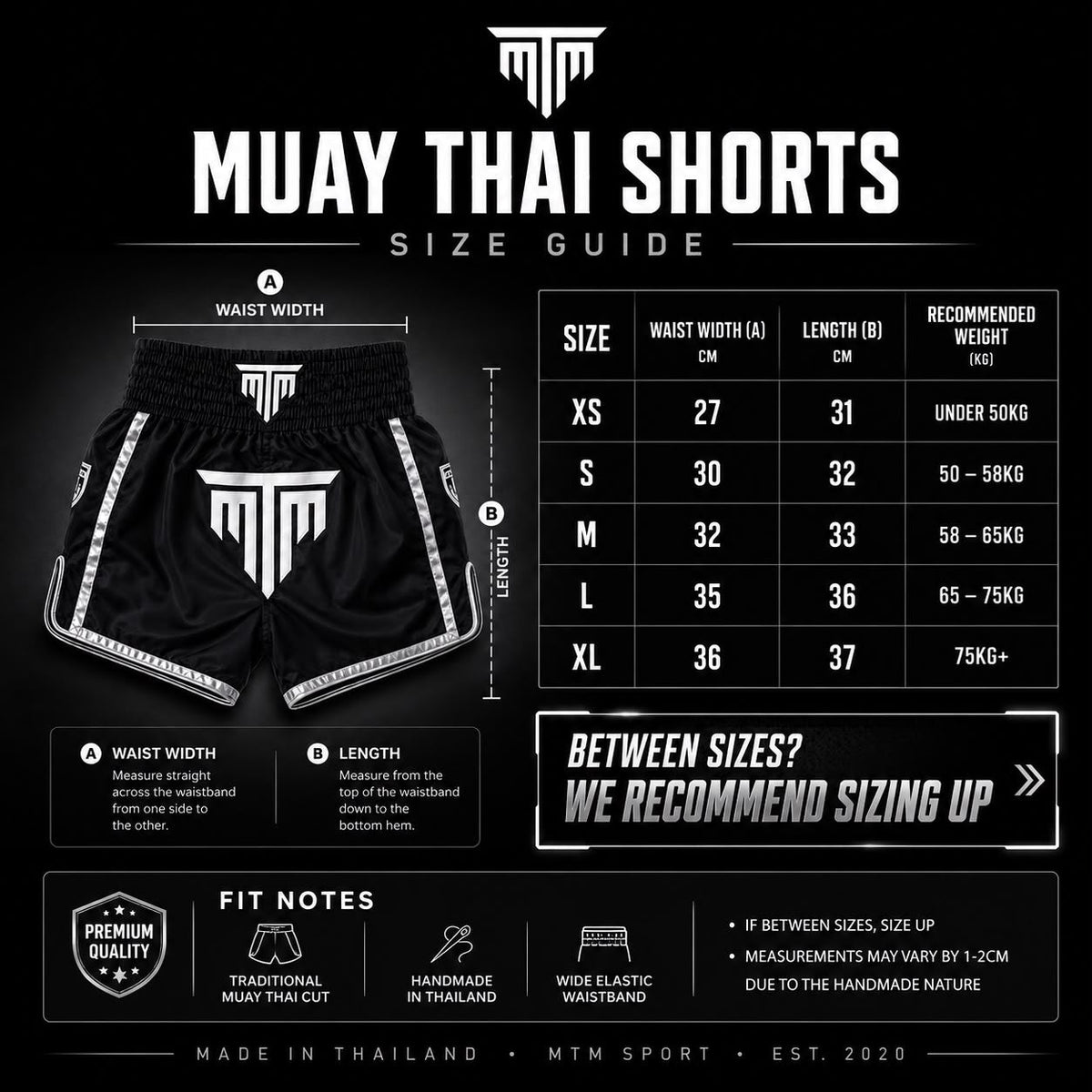 MTM Essentials Shorts size guide chart