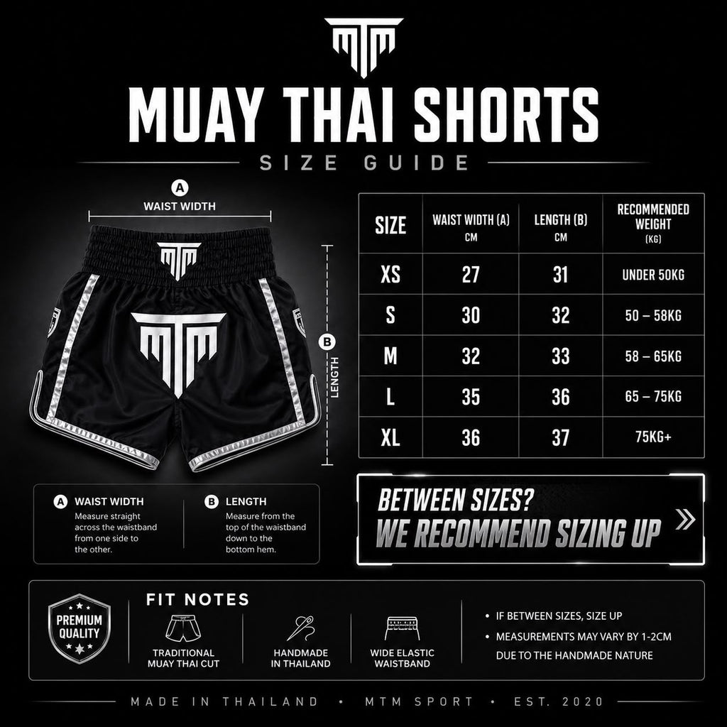 MTM Essentials Muay Thai Shorts size guide