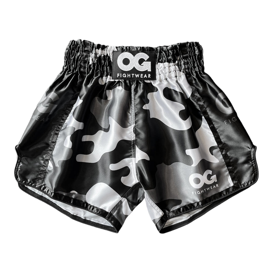 OG Fightwear Camo Muay Thai Shorts in Black, front view