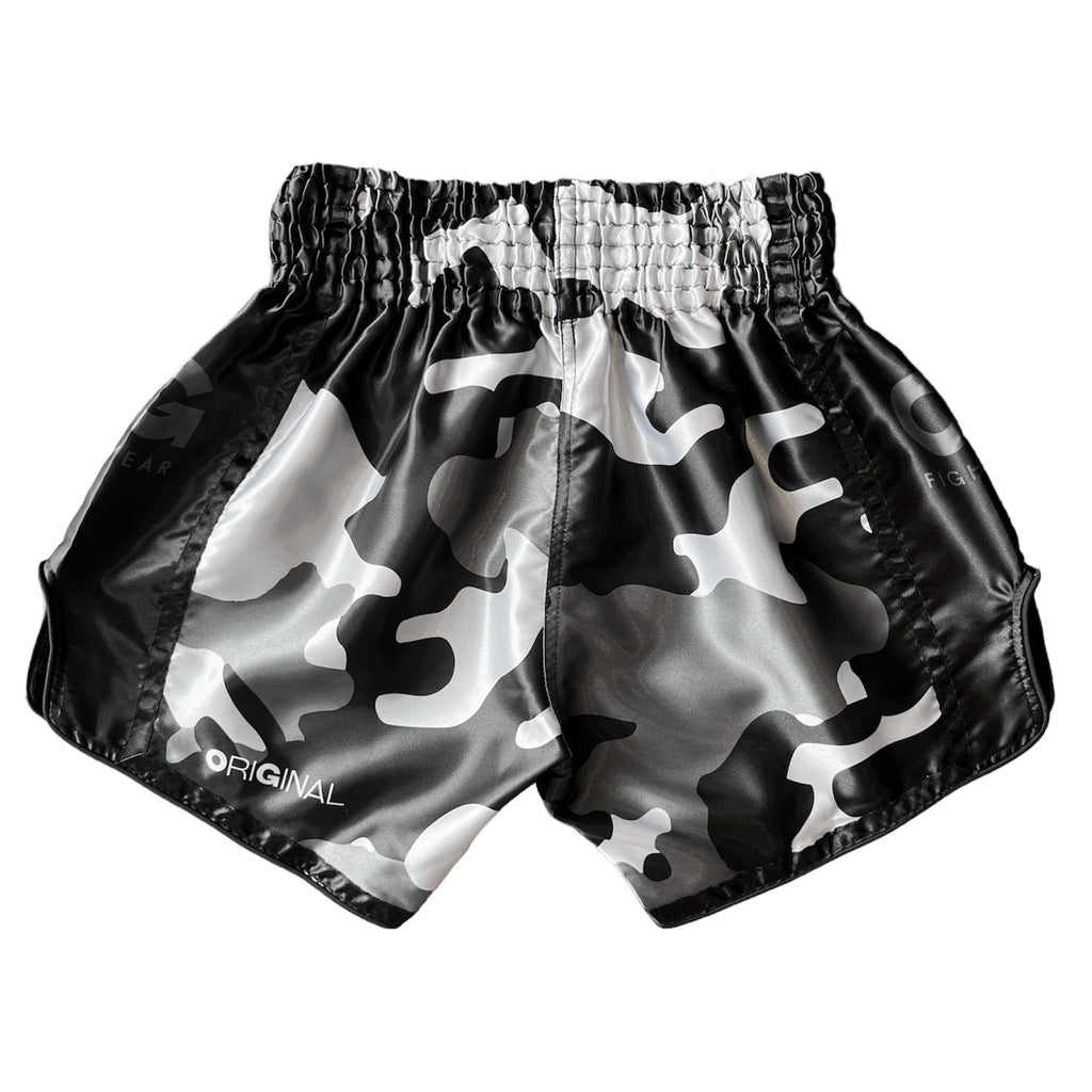 OG Fightwear Camo Muay Thai Shorts in Black, side view showing side slit