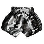 OG Fightwear Camo Muay Thai Shorts in Black, side view showing side slit