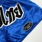 BOON Sport Classic Muay Thai Shorts in blue, side view with leg slit