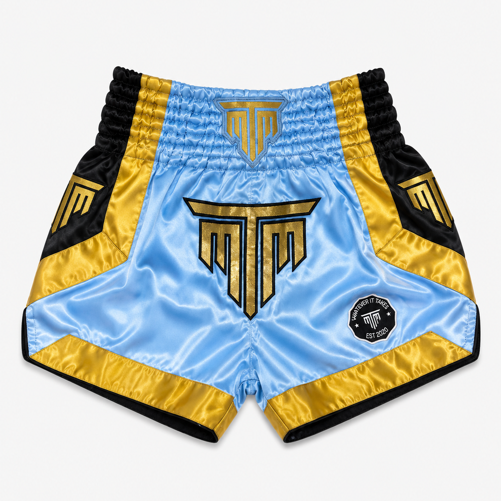 MTM Royale Muay Thai Shorts in blue, detailed view