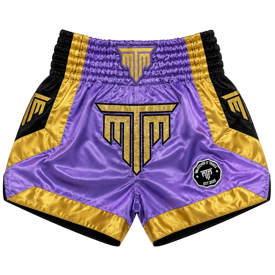 MTM Royale Muay Thai Shorts in purple, close-up of fabric and detailing