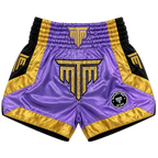 MTM Royale Muay Thai Shorts in purple, close-up of fabric and detailing