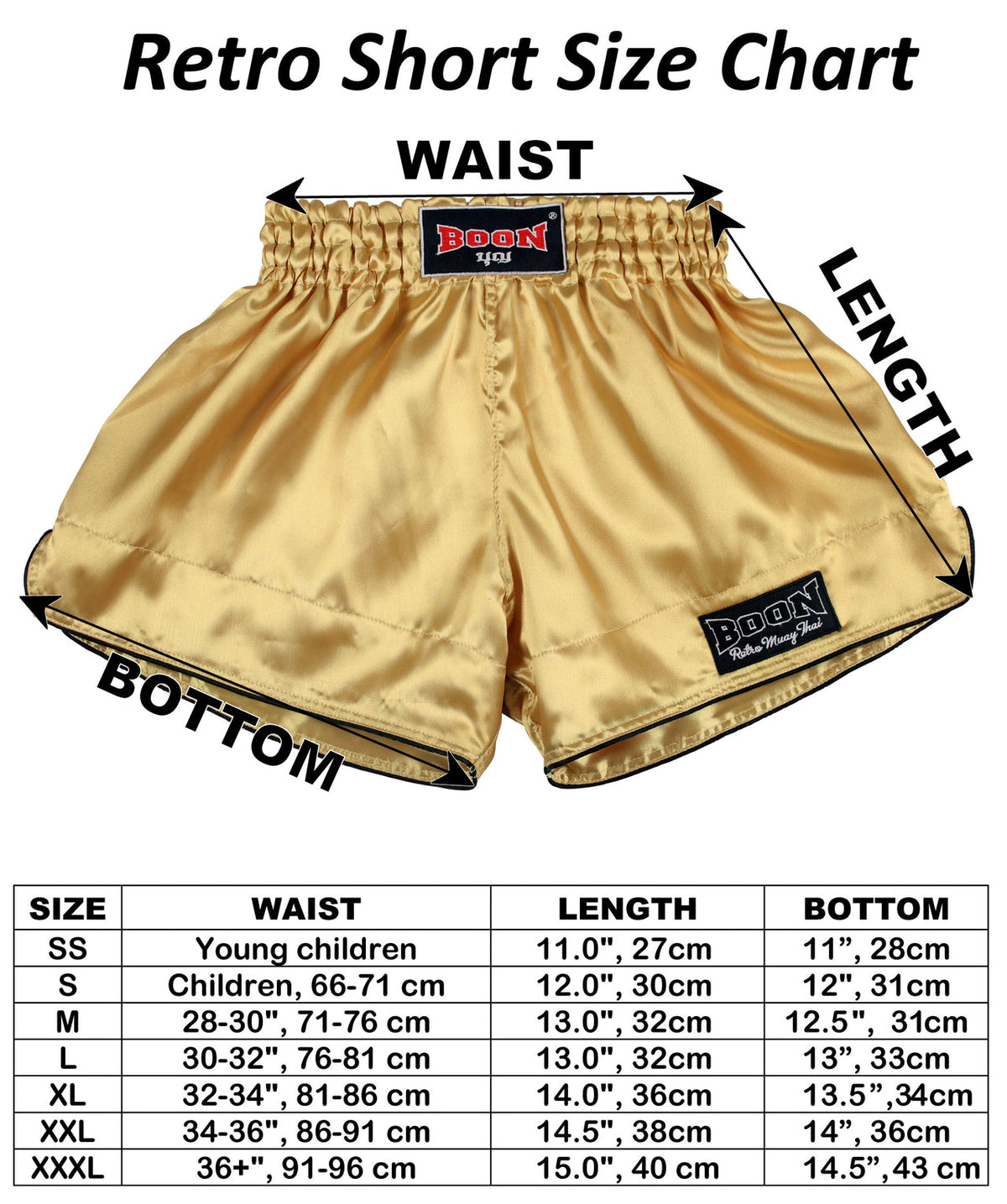 BOON Sport Muay Thai shorts size guide chart