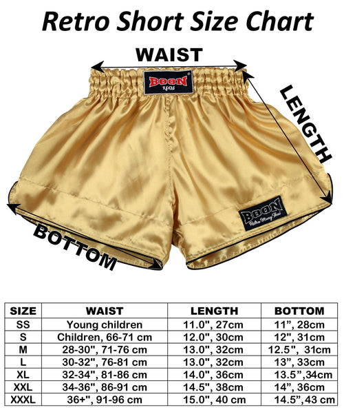 BOON Sport Muay Thai shorts size guide chart