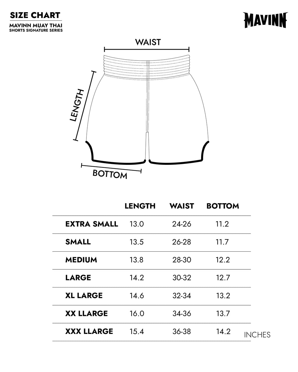 MAVINN Muay Thai Shorts size chart