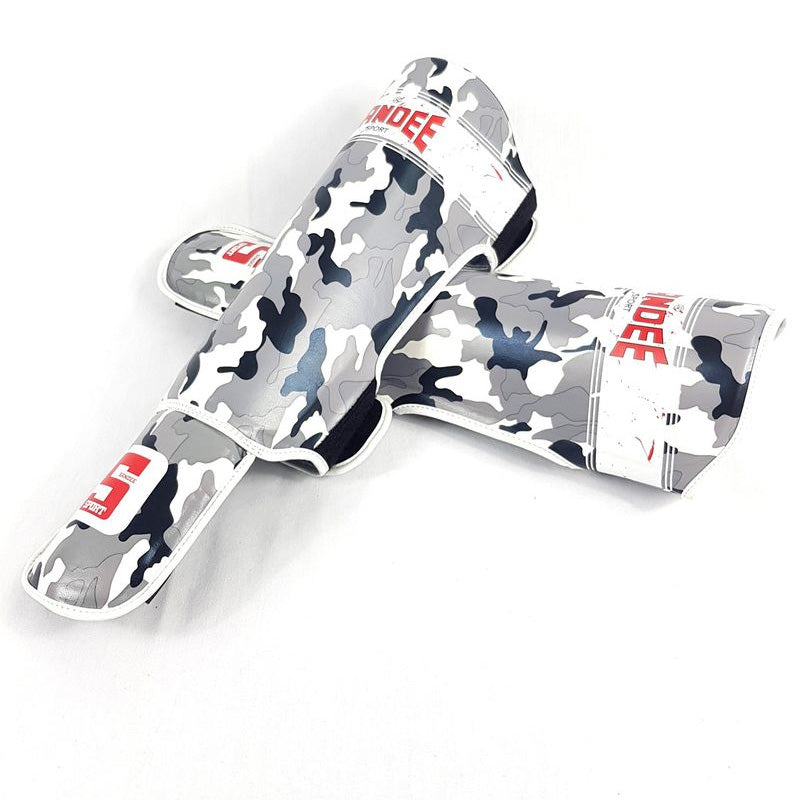 Sandee Sport Slim Camo Shinguards - Grey & White, detail of strap and ankle support