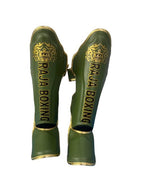 Raja Boxing LS-2 Slim Shin Guards in Oak Green, close-up