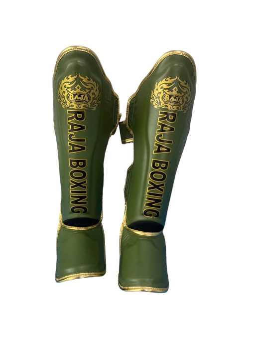 Raja Boxing LS-2 Slim Shin Guards in Oak Green, close-up