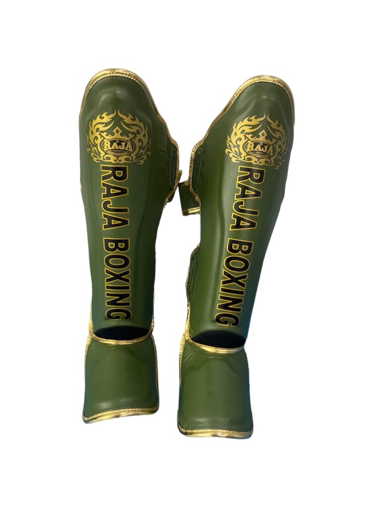 Raja Boxing LS-2 Slim Shin Guards in Oak Green, angled view
