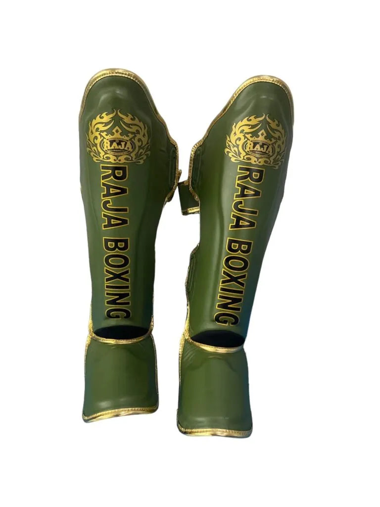 Raja Boxing LS-2 Slim Shin Guards in Oak Green, front view