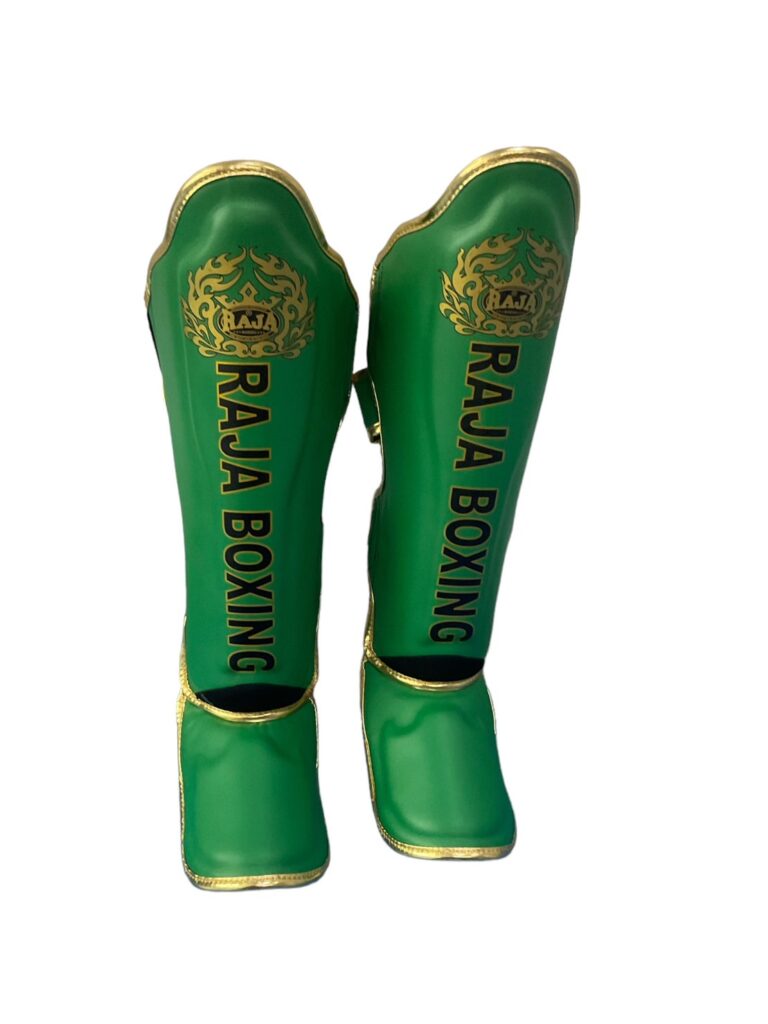 Raja Boxing LS-2 Slim Shin Guards in green, side view