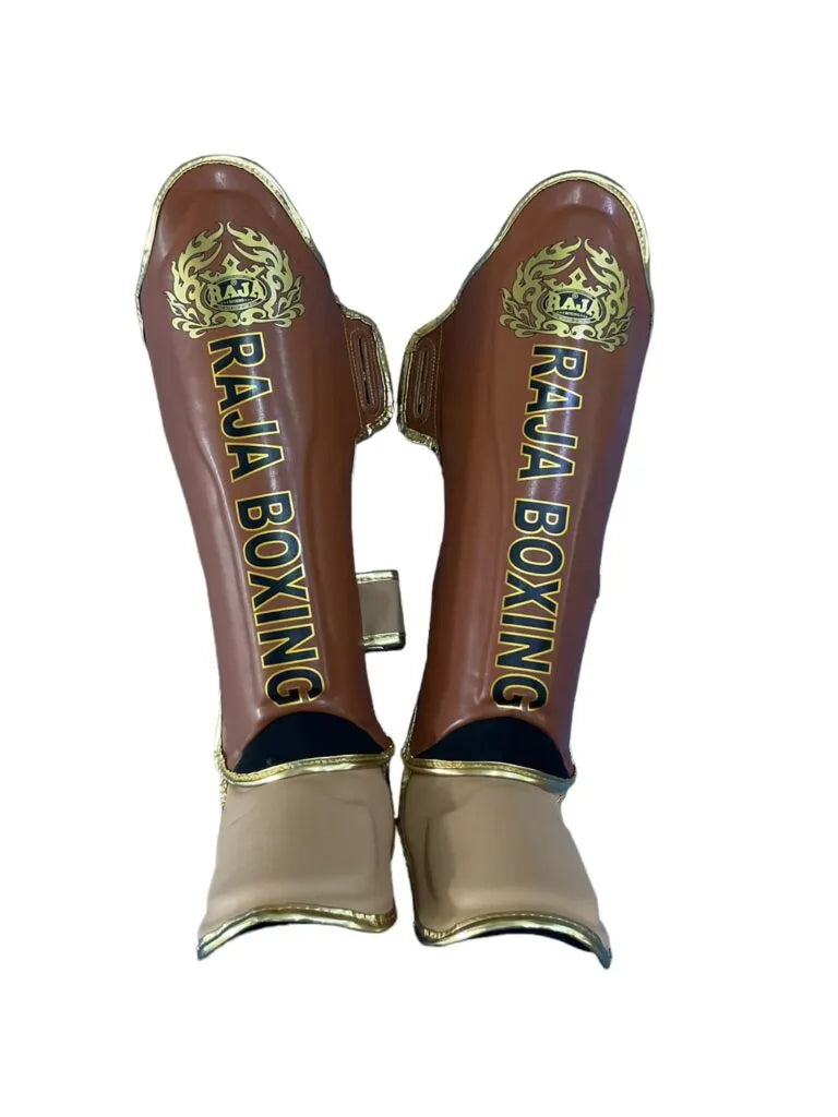 Raja Boxing LS-2 Slim Shin Guards in brown, front view