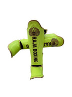 Close-up of Raja Boxing LS-2 Slim Shin Guards in lime green